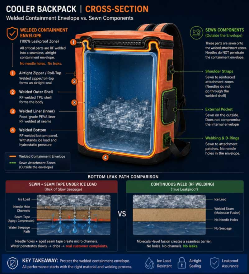 welded containment envelope of a leakproof cooler backpack with stitched exterior features attached outside the barrier