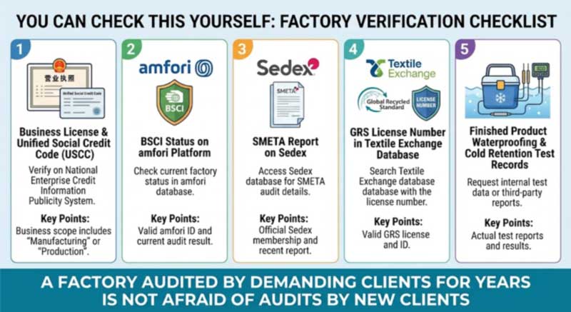 verifiable evidence a cooler factory should provide: business licence, amfori BSCI, Sedex SMETA, GRS licence and test records