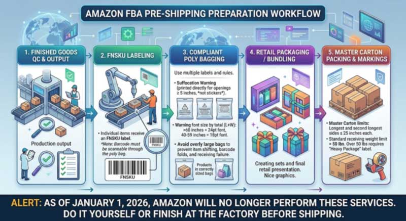 factory-side Amazon FBA prep flow for cooler bags: FNSKU labelling, compliant poly bagging, retail packaging and carton labelling factory-side Amazon FBA prep flow for cooler bags: FNSKU labelling, compliant poly bagging, retail packaging and carton labelling
